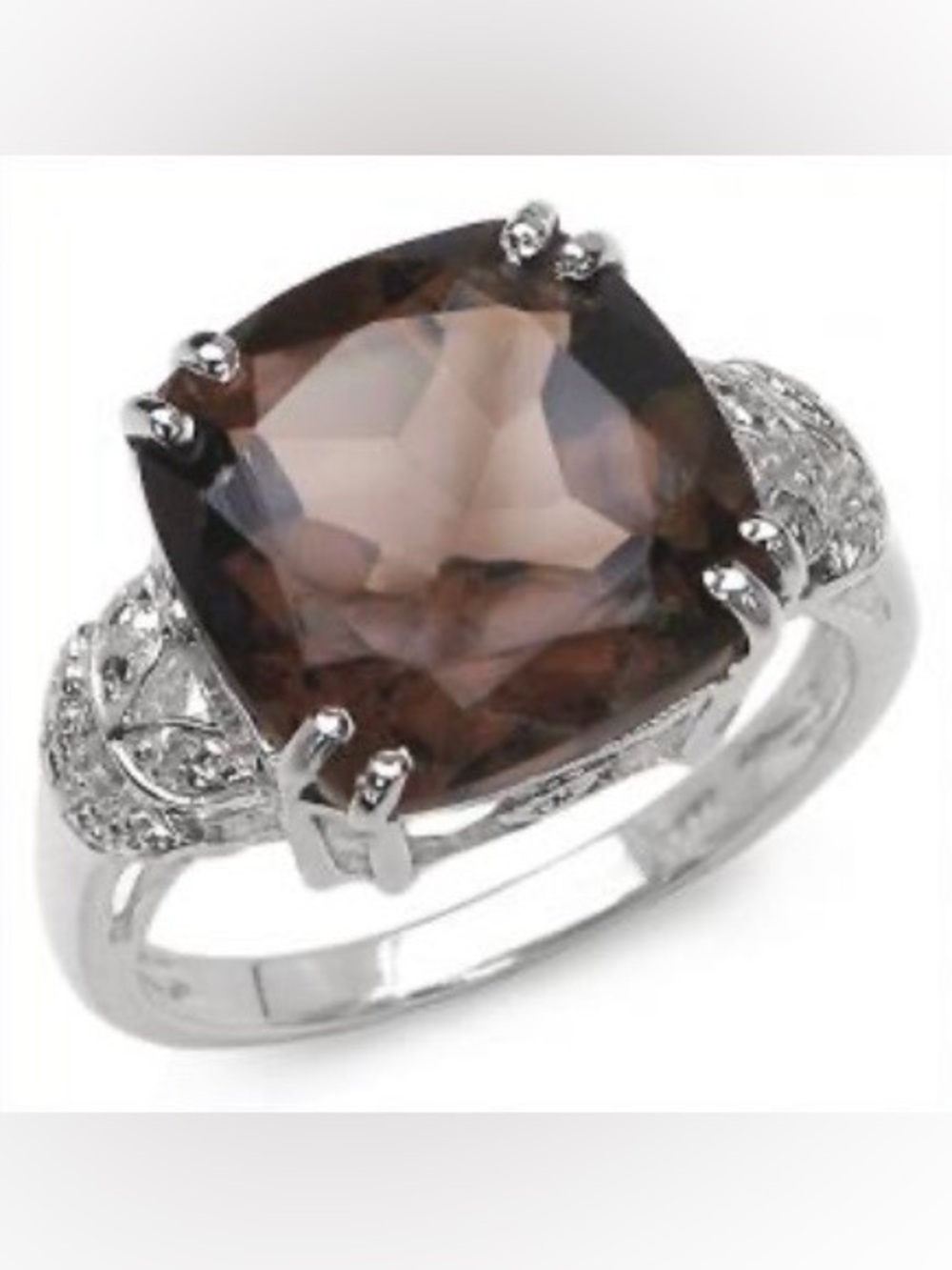 White Gold Rhodium over Sterling Silver 6.32 CTW Cushion Cut Brown Topaz Ring